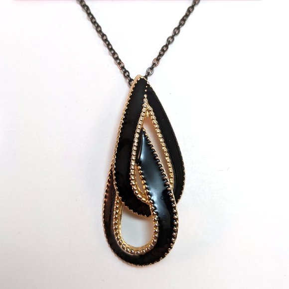 Hand Crafted Jewelry - Handmade Vintage 80s Double Teardrop Necklace Classic Art Deco Gothic Black Gold